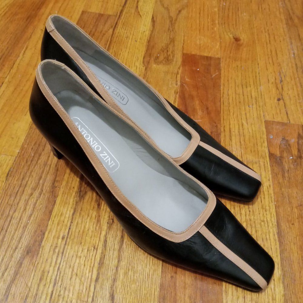 Black/Beige Square Toe Heels 8